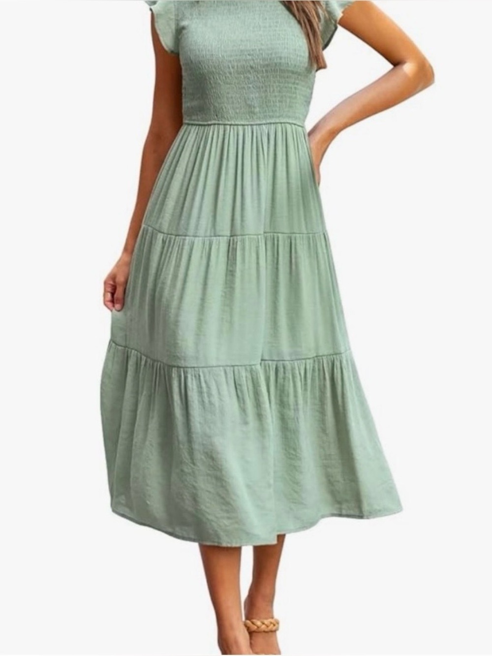 KYL Summer Casual Midi Maxi Dress Boho Flutter Sleeve Smocked Green M Women’s